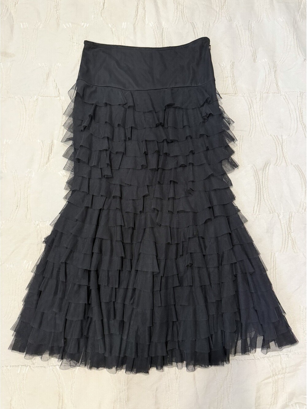Vintage Collection Black Ruffle Tulle Maxi Skirt Size L Gothic Boho Y2K